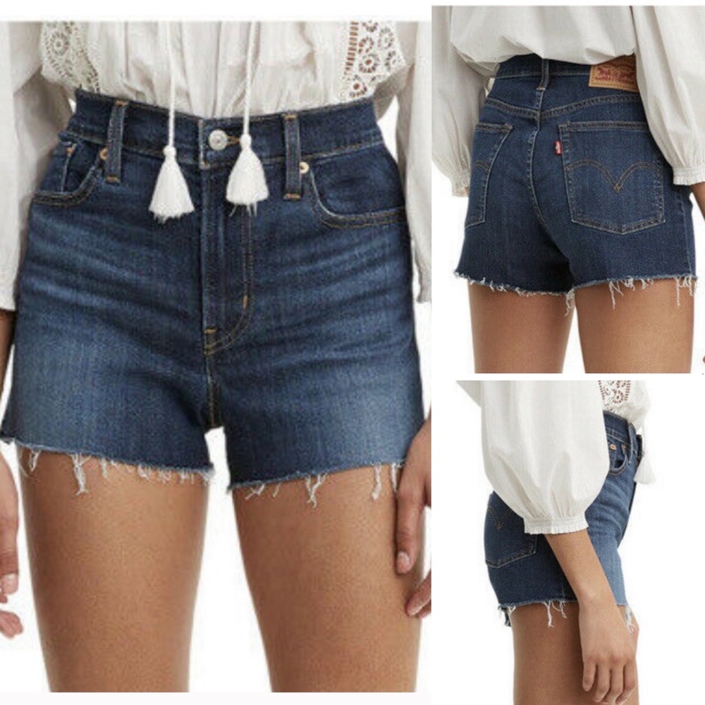 Levi’s High Rise Shorts Dark Wash Raw Hem Size 28